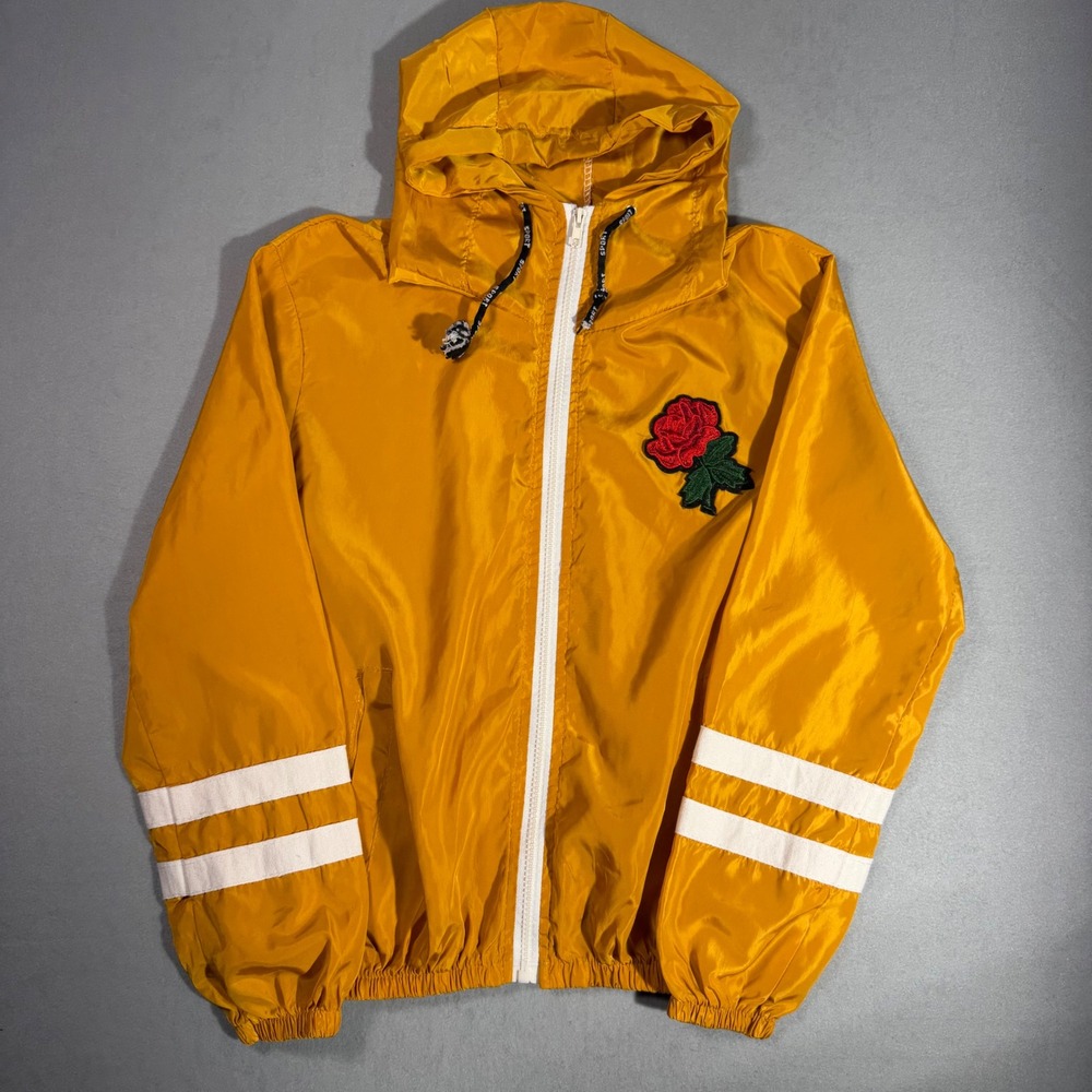 Windbreaker Jacket Women M Yellow Rose Patch Sporty Streetwear